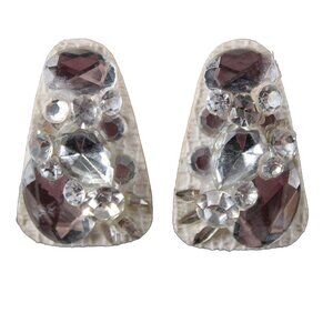 KS Designs 70's Vintage White Silver Rhinestones 2" Huggie Clip On Earrings